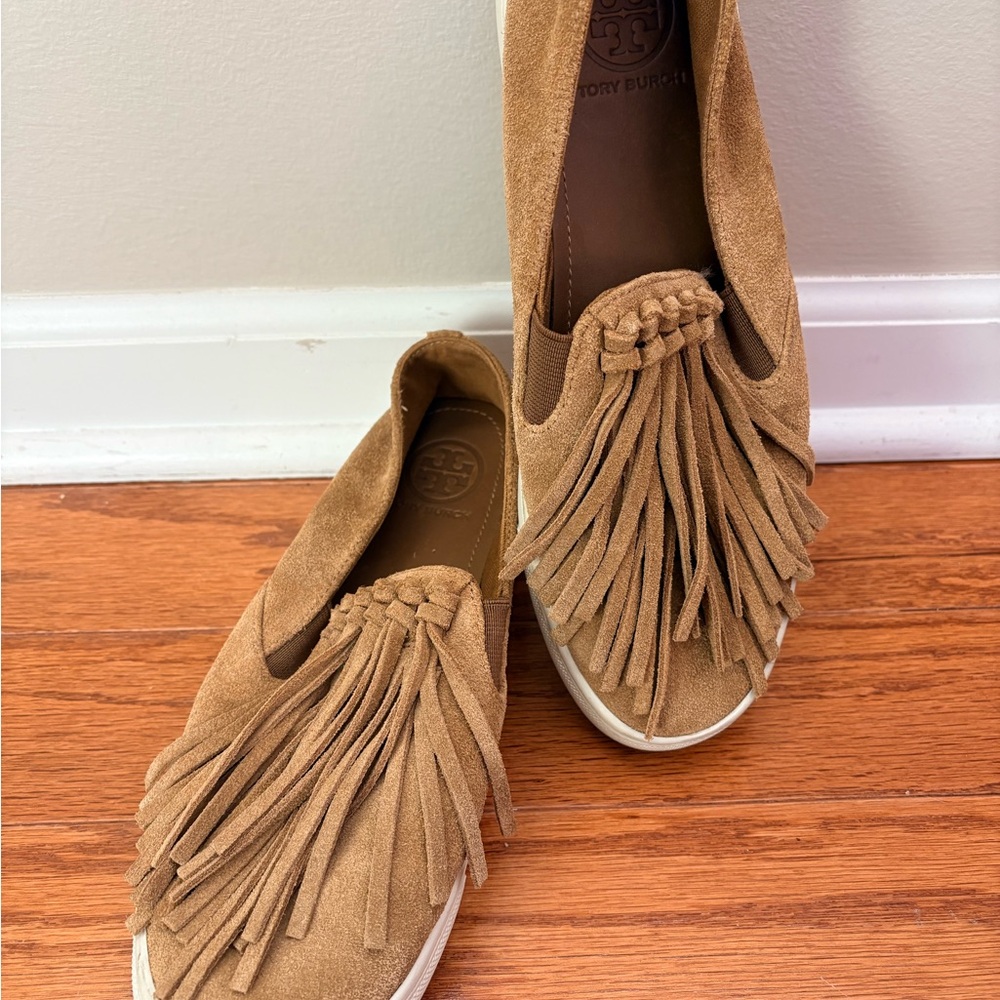 Flats- Tory Burch! Brown Suede Fringe Slip-On Sneakers